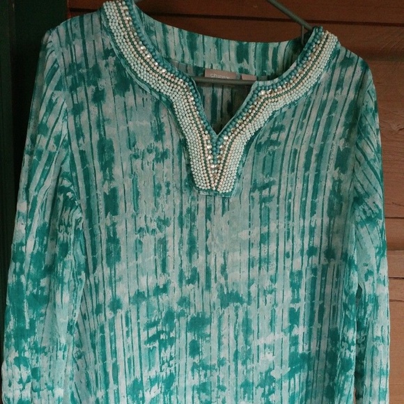 Chicos 3/4 sleeve Beaded Neckline Print Blouse - Picture 1 of 7